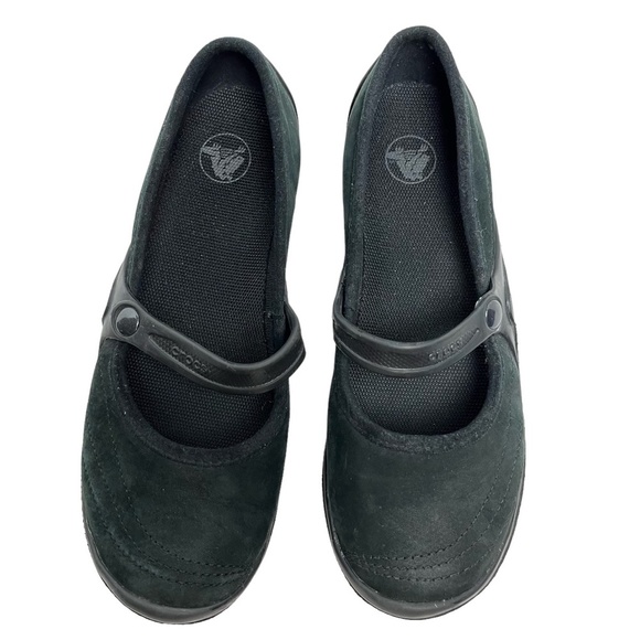 CROCS Black Genuine Leather Suede Mary Janes Loafers Flats Casual Shoes sz 6 - Picture 2 of 15